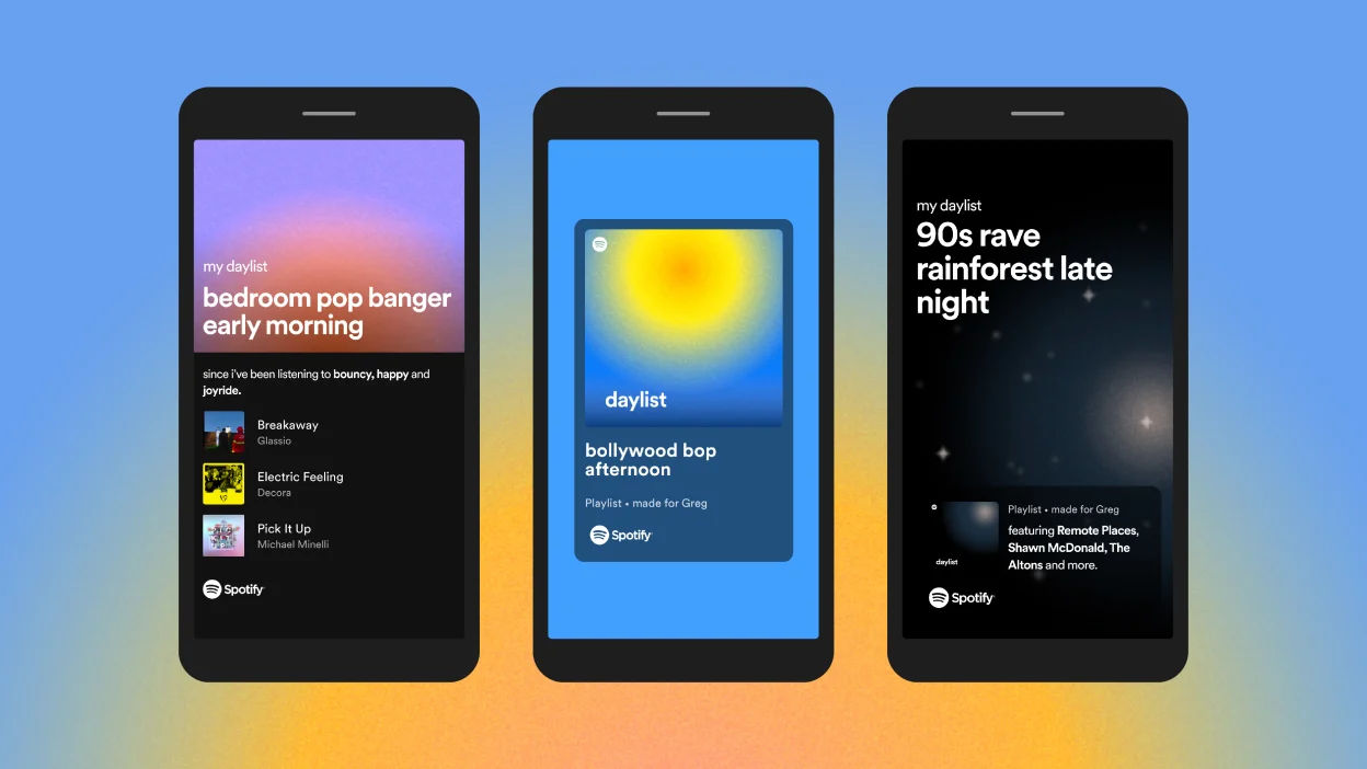 Image showing Spotify's playlist feature on 3 mobile devices.